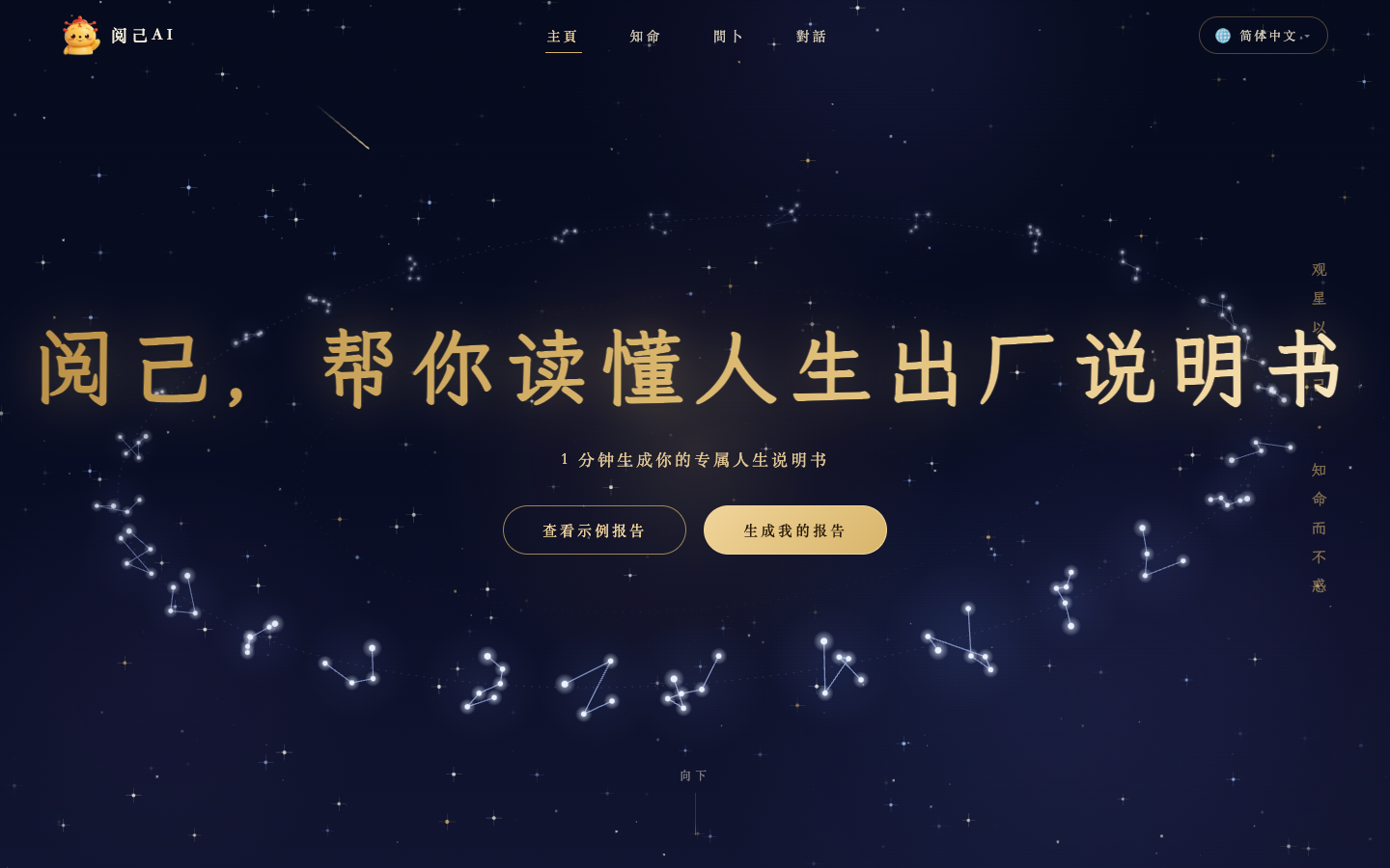 阅己AI official homepage with a star map and the headline 阅己,帮你读懂人生出厂说明书