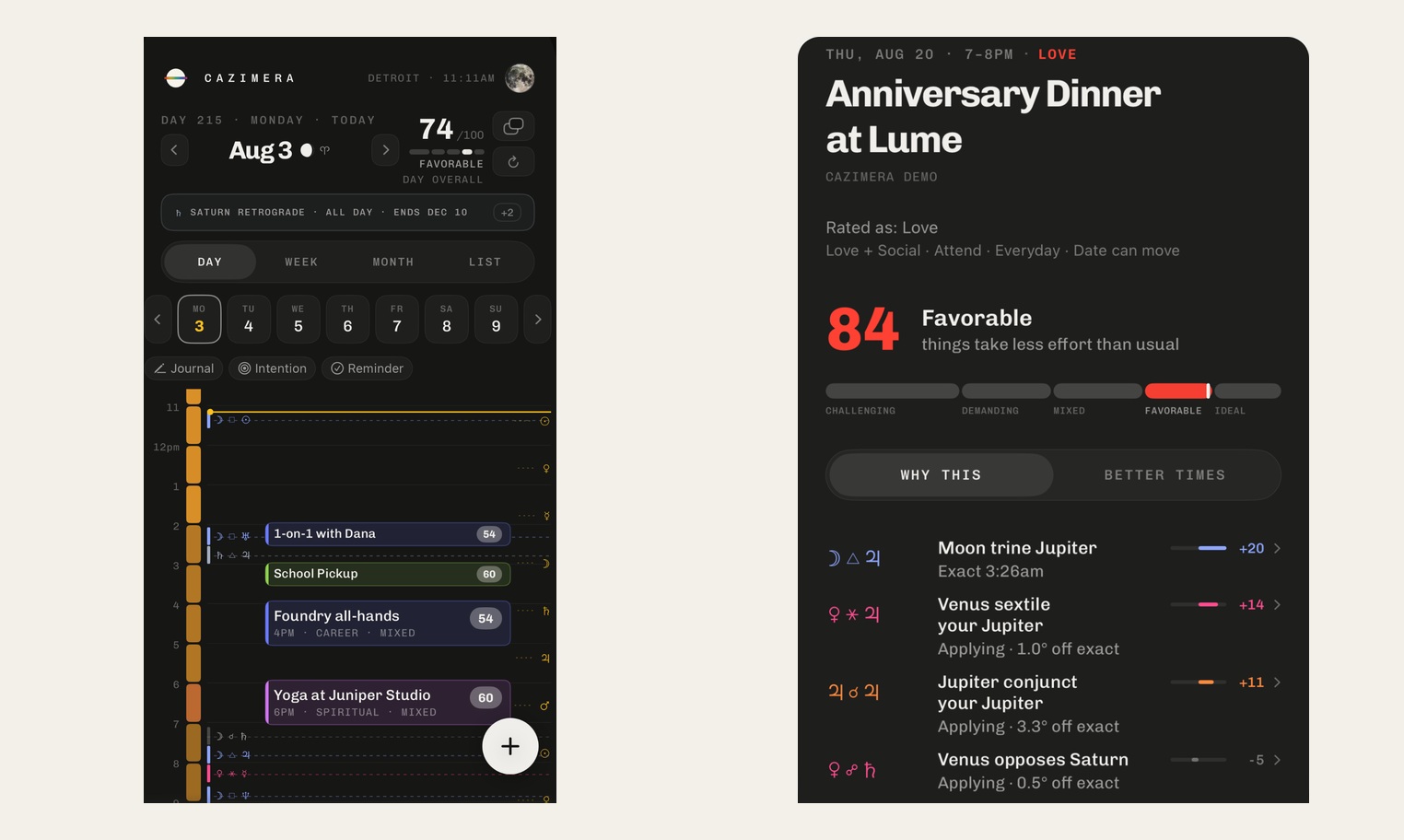 Official Cazimera screens showing scored appointments and the astrological contributions behind an anniversary dinner's rating