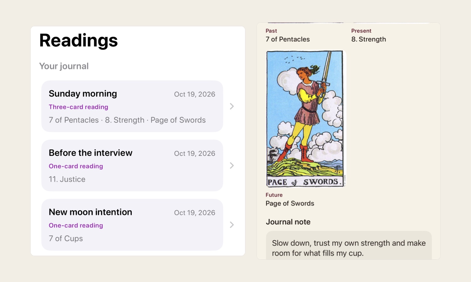 Crops of official Tarot Decks screenshots showing saved readings, spread positions and a journal note