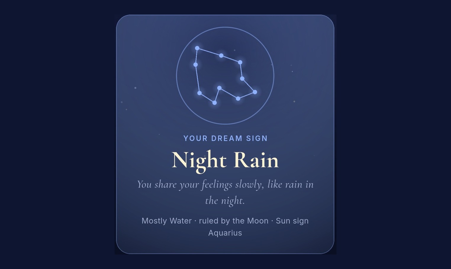 DreamBuddy's official Night Rain dream personality card, showing water, the Moon and an Aquarius Sun sign