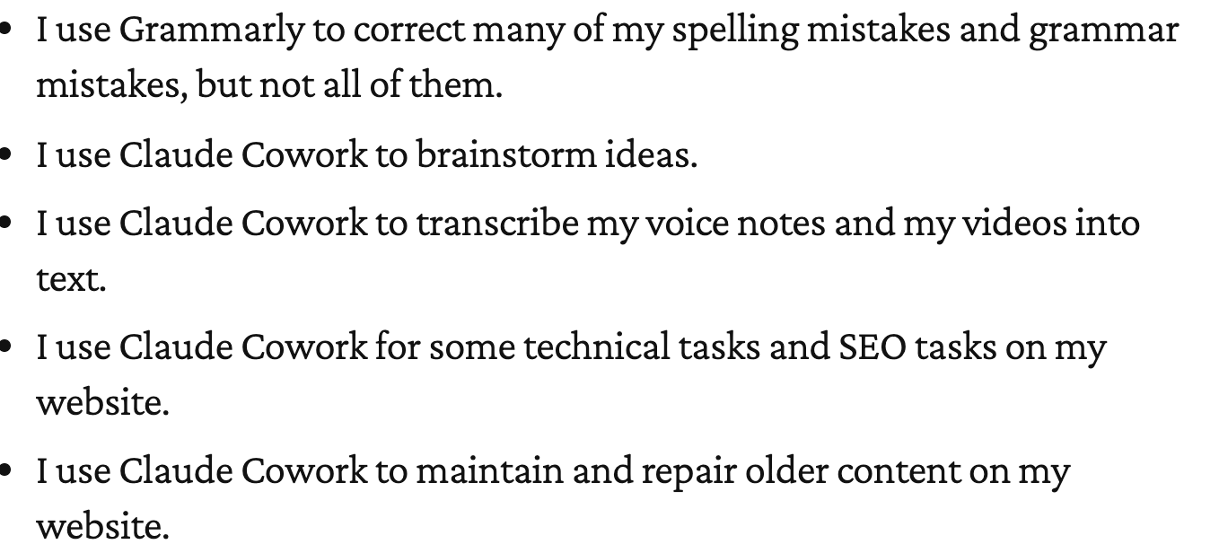 Ghare’s published list of AI uses, including transcription and website work