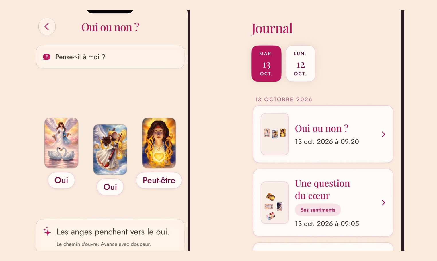 Official screenshots of a three-card answer with two yeses and a maybe, beside a journal that saves questions and readings by date