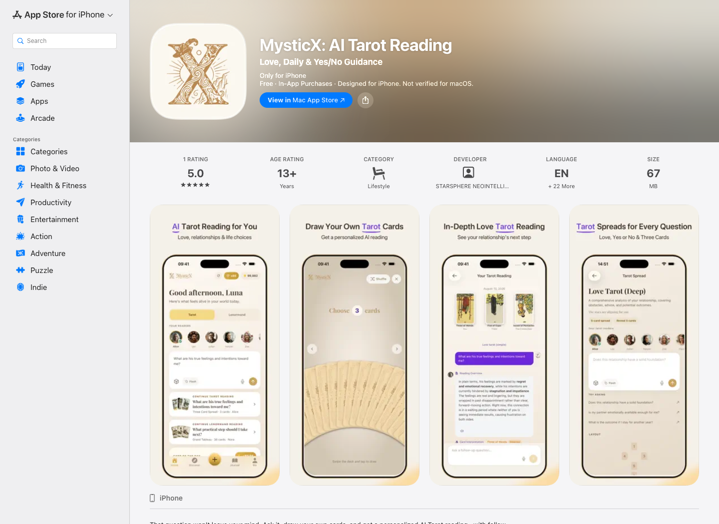 MysticX 应用商店页面中的抽牌、解读和后续提问截图