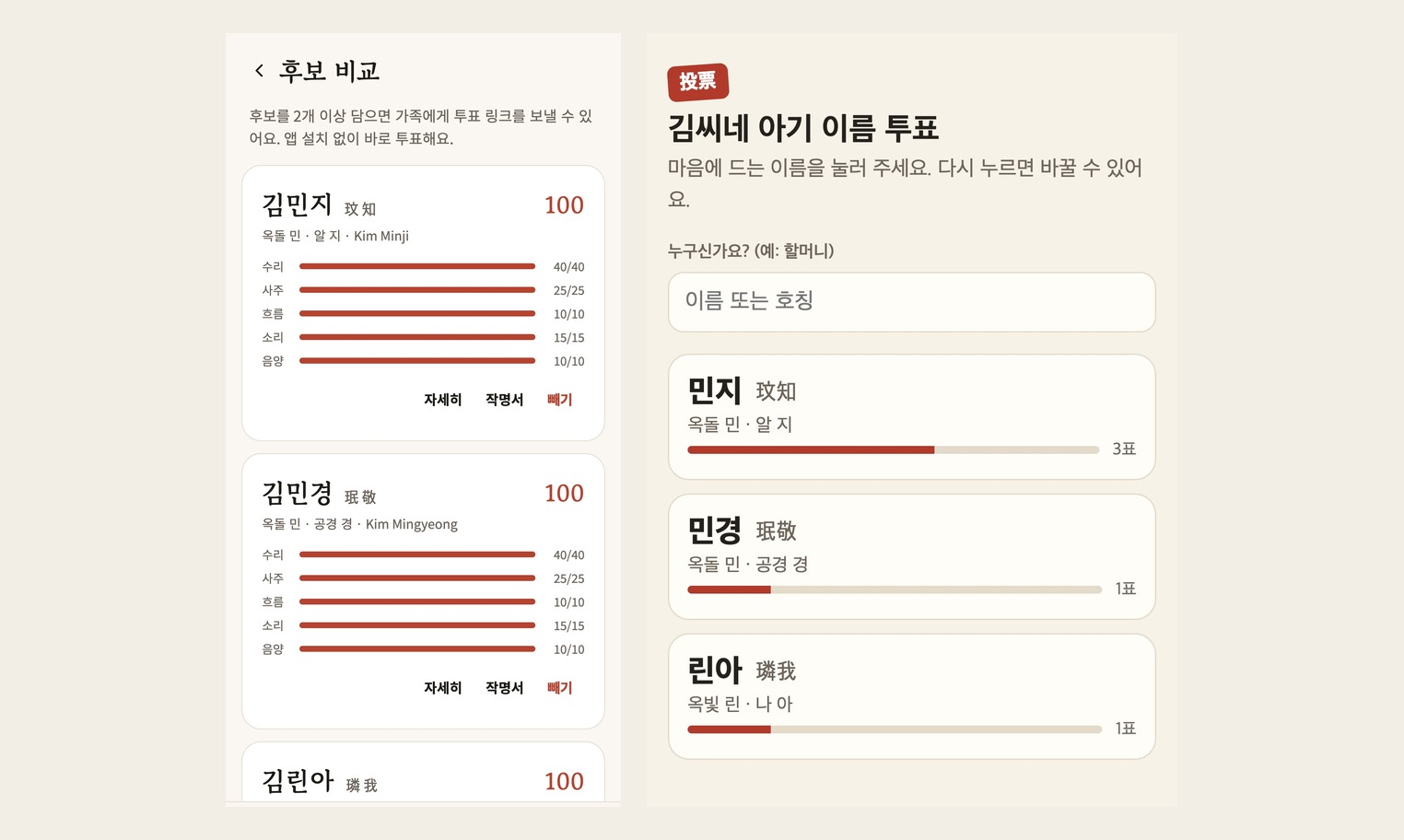 Official Areumjit examples showing three names scored 100 and a poll with three, one and one votes