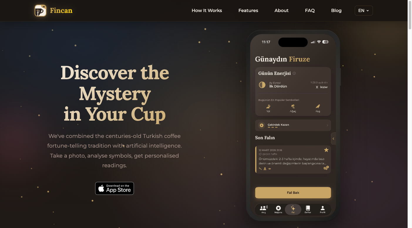 Fincan official site showing Turkish coffee cup photo reading