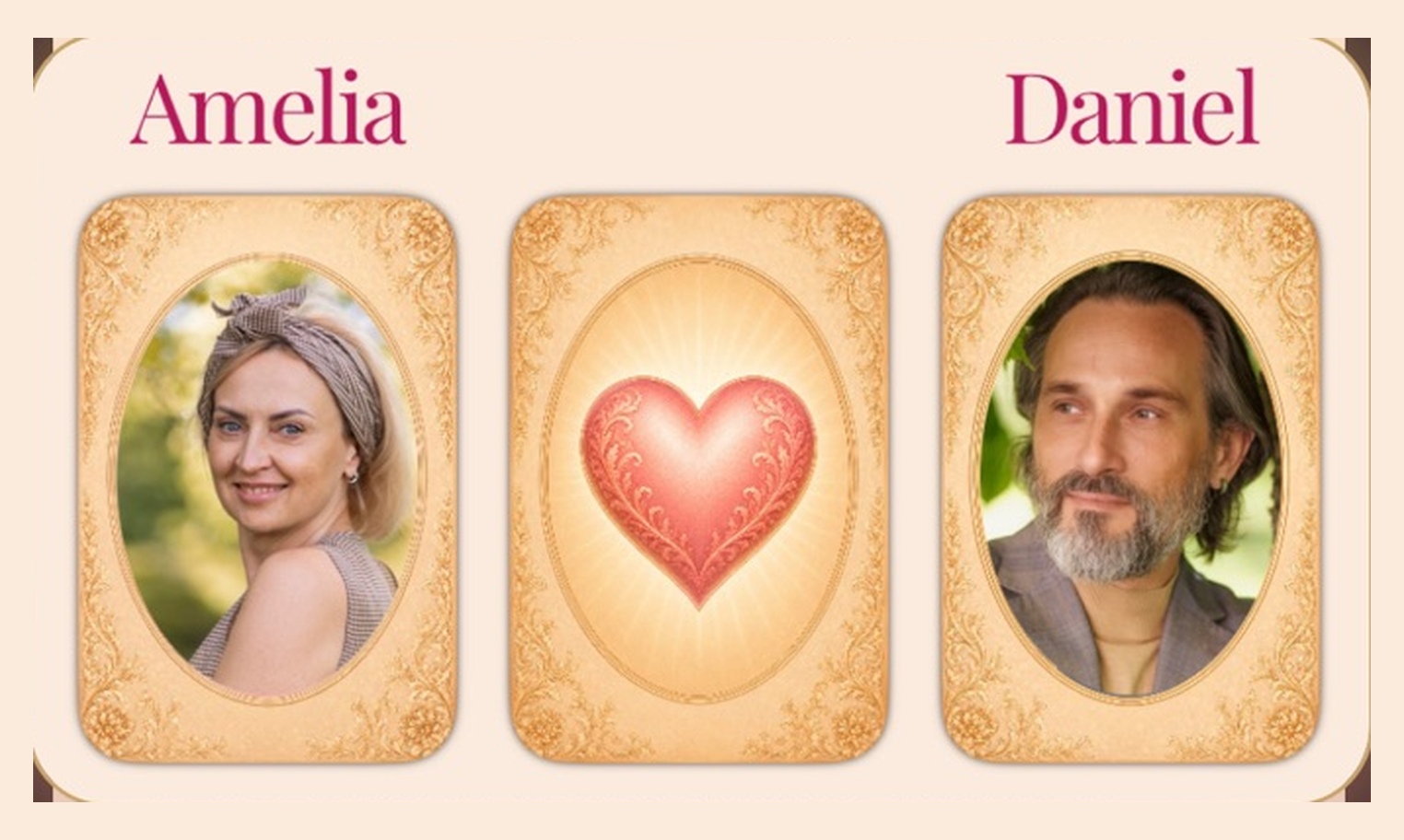 The three personal cards in an official Love Angel Cards example: Amelia and Daniel's portraits flank a heart-shaped relationship card