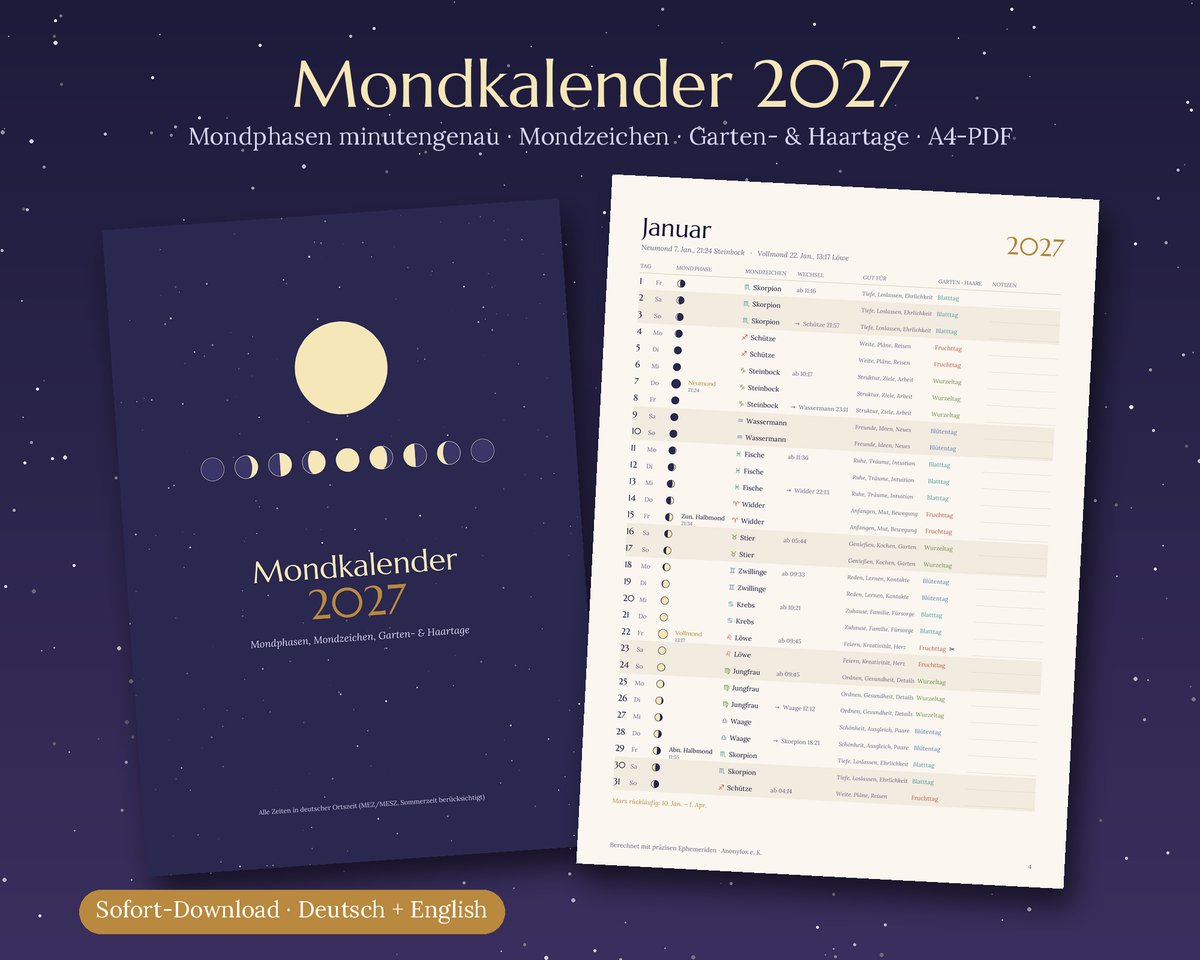 Moon Calendar 2027 cover and January month-page preview
