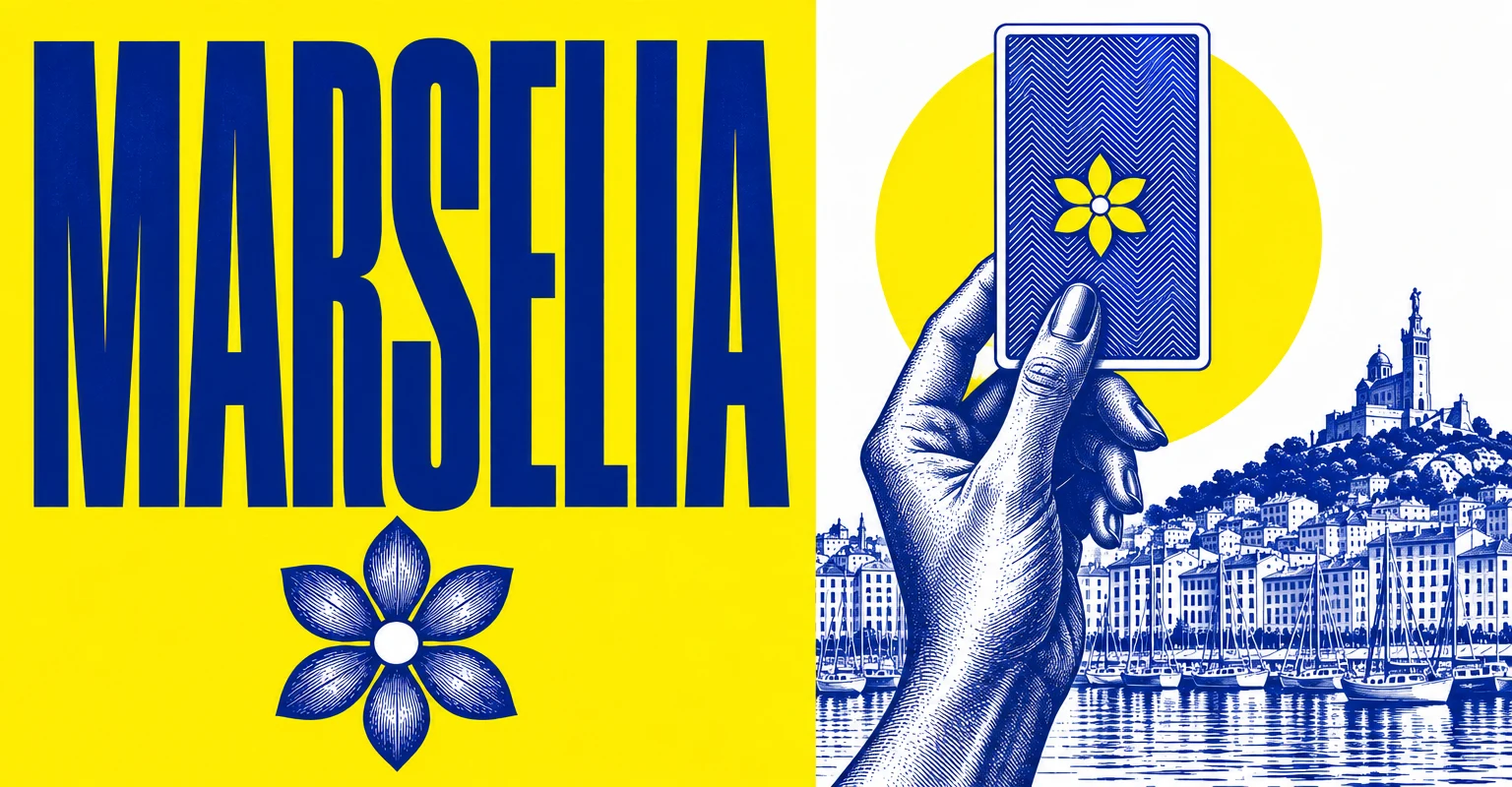 Marselia 官网配图,黄底蓝色 MARSELIA 字样,一只手举着塔罗牌,背后是马赛港