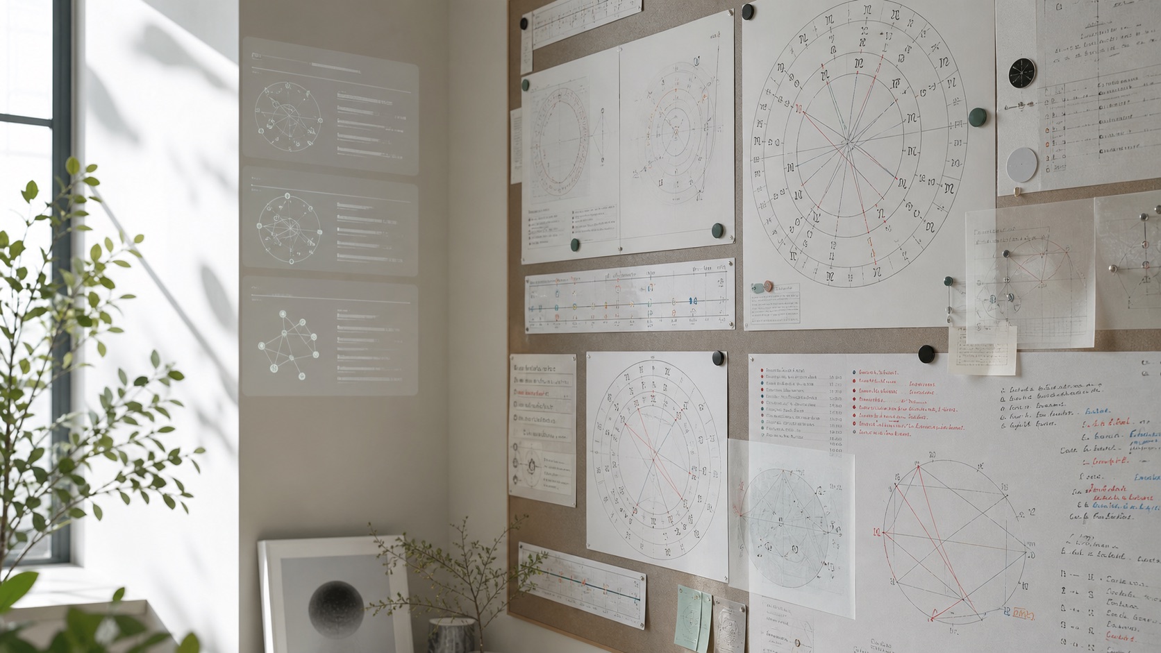 Professional astrology chart board with AI annotation layer