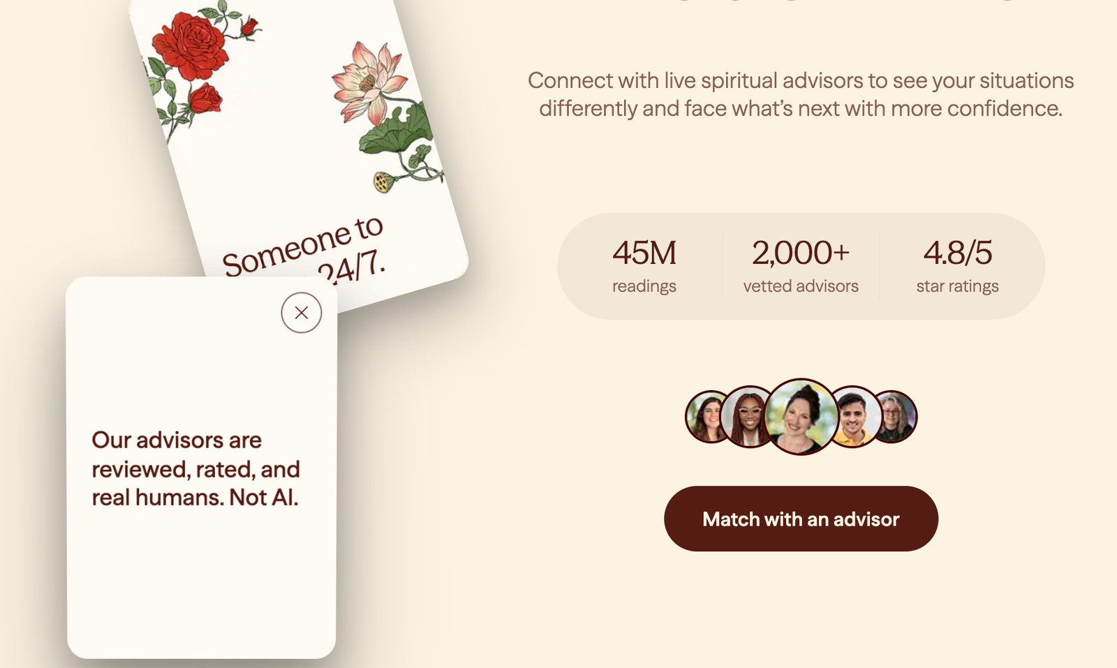 Part of Keen's homepage: a flipped card reads Our advisors are reviewed, rated, and real humans. Not AI.; beside it, 45M readings, 2,000+ vetted advisors, 4.8/5 star ratings and a Match with an advisor button