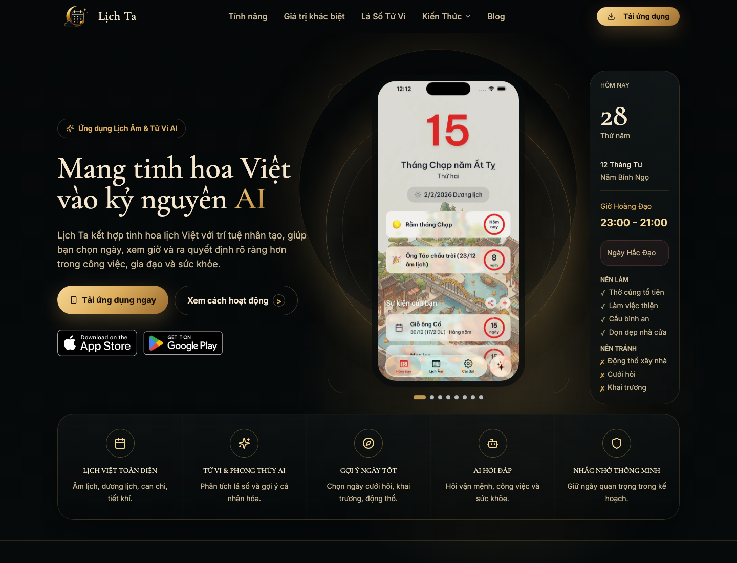 Lịch Ta 官网截图,页面展示农历、Tử Vi AI 和 Chat AI 等移动端功能