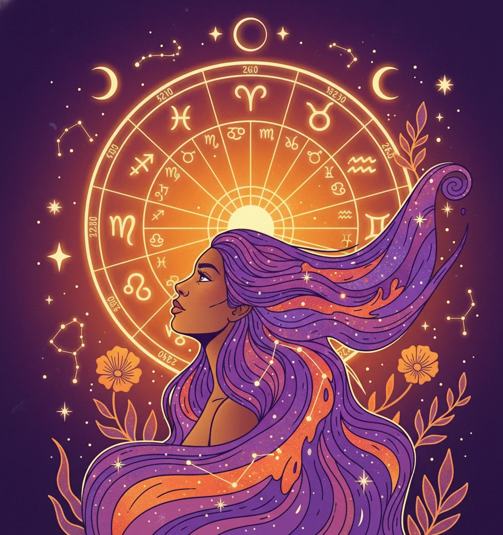 Lunara official astrology illustration with a zodiac wheel and a woman beneath the night sky