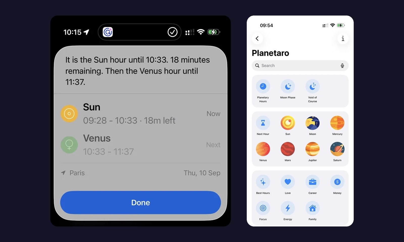 Left, a Siri card showing the Sun hour with 18 minutes left and the Venus hour next, located in Paris; right, Planetaro actions in the Shortcuts app with an icon for each of seven planets and six activities such as love, career and money
