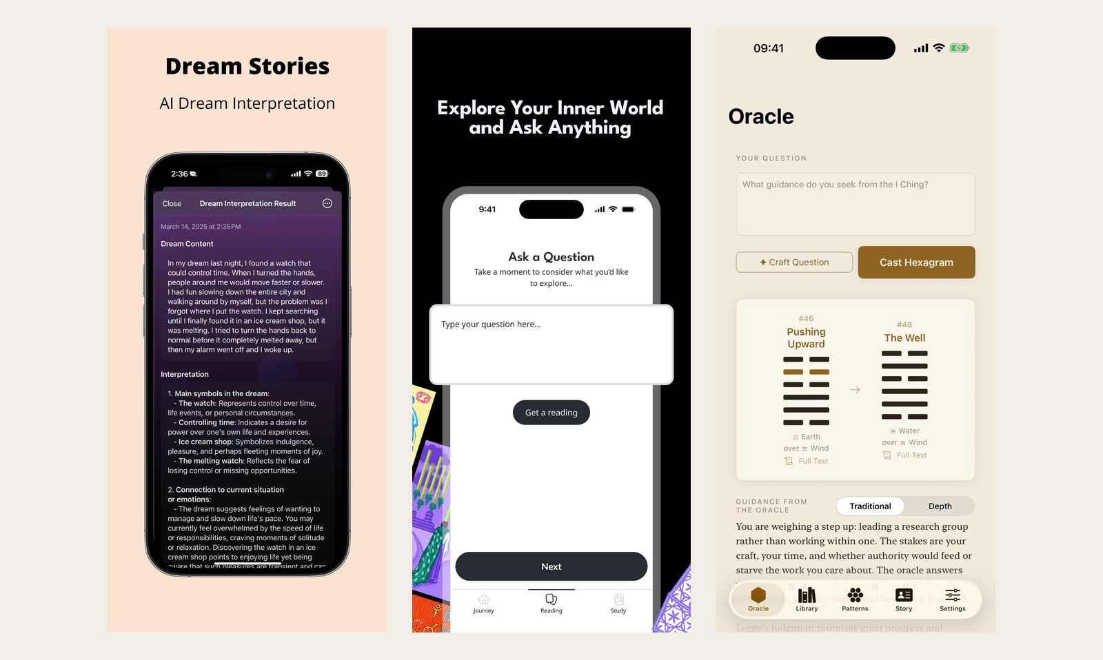 App Store screenshots from three apps that say their readings are generated on the phone: an AI Dream Interpreter result, a Qybala tarot question screen, and a Tenets Oracle I Ching casting screen