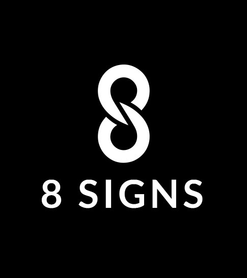 8 Signs white eight-shaped logo and wordmark on black