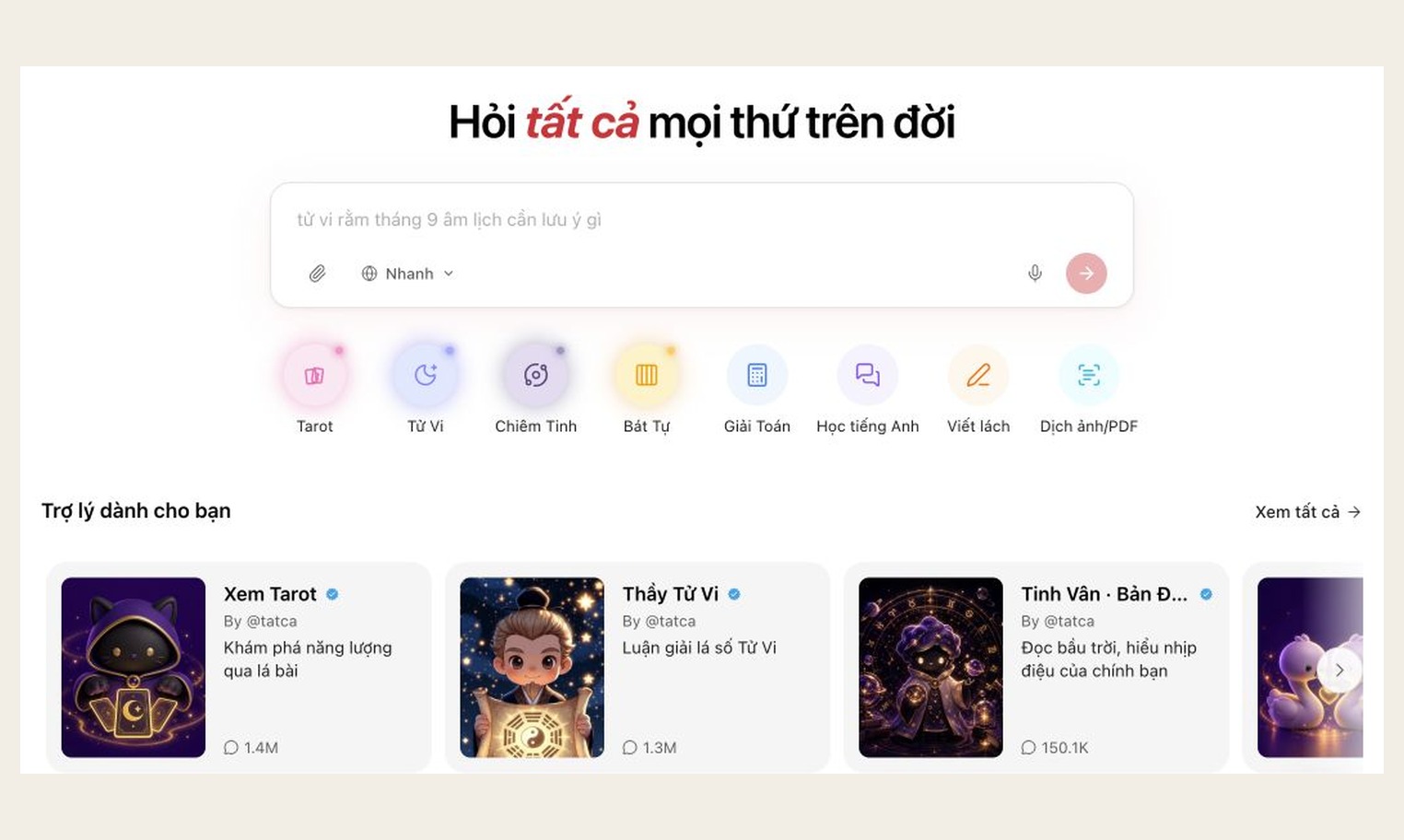 Tatca.ai's homepage places Tarot, Tử Vi, astrology and BaZi before its math shortcut