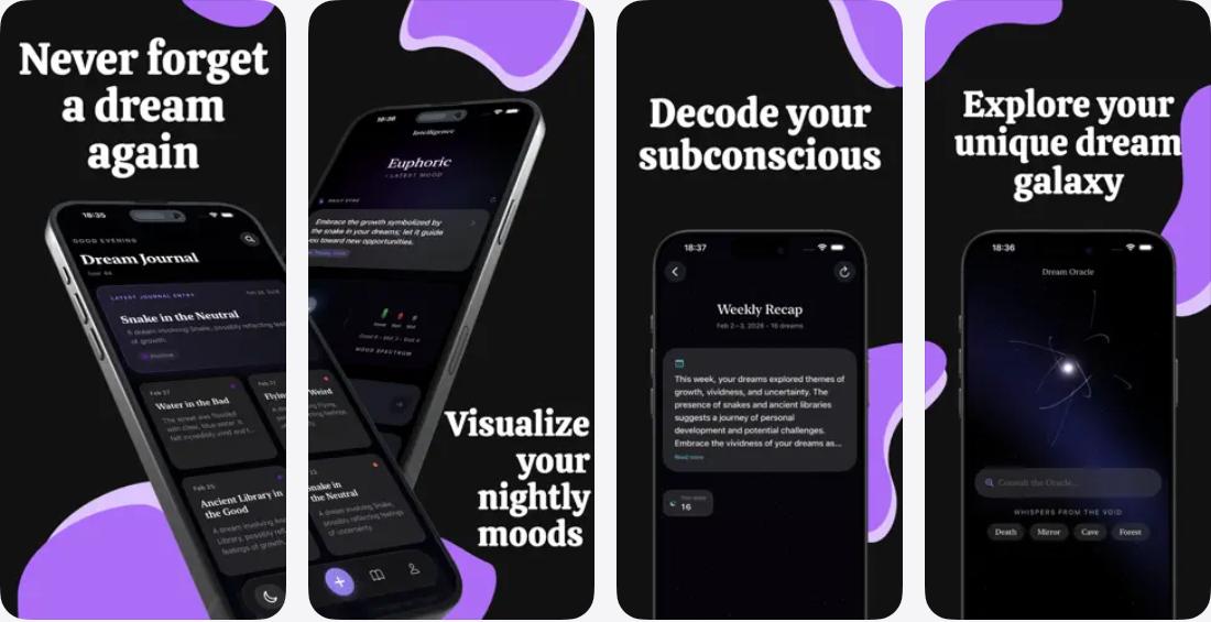 Reverie App Store 宣传图，展示梦境日历、情绪记录和每周回顾界面