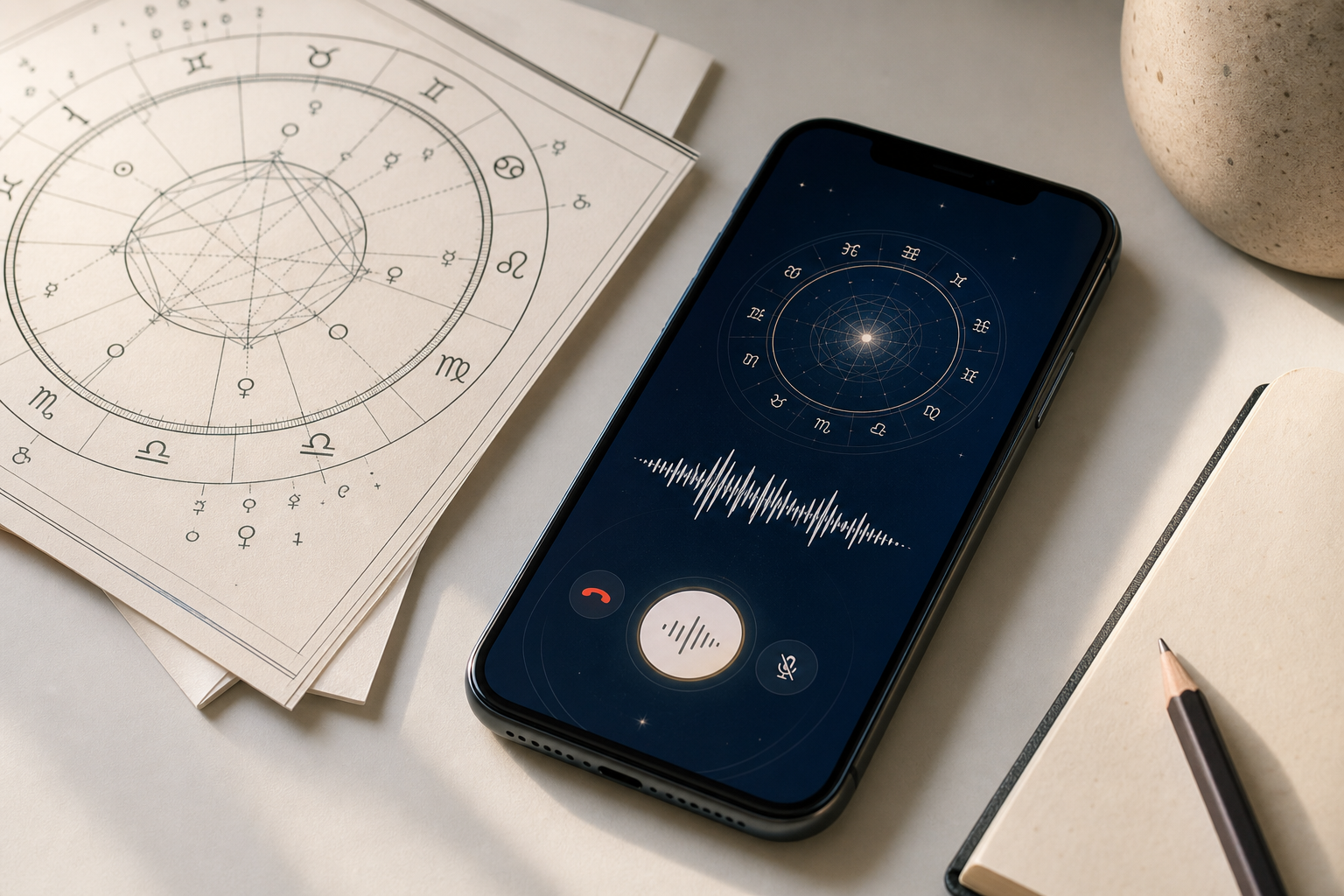 手机上的抽象语音通话界面,旁边有纸质星盘和笔记本