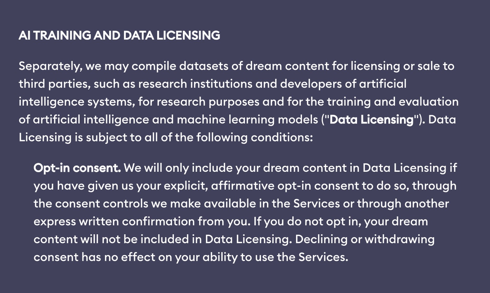 Excerpt from the "AI TRAINING AND DATA LICENSING" section of DreamApp's privacy notice: dream datasets may be licensed or sold to researchers and AI developers, only with opt-in consent given in the app