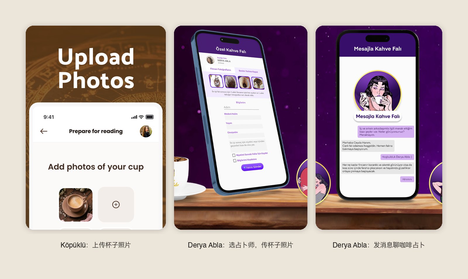 Three App Store screenshots: Köpüklü's cup photo upload screen; Derya Abla's private coffee reading form with four photos of a cup and saucer; Derya Abla's message reading chat