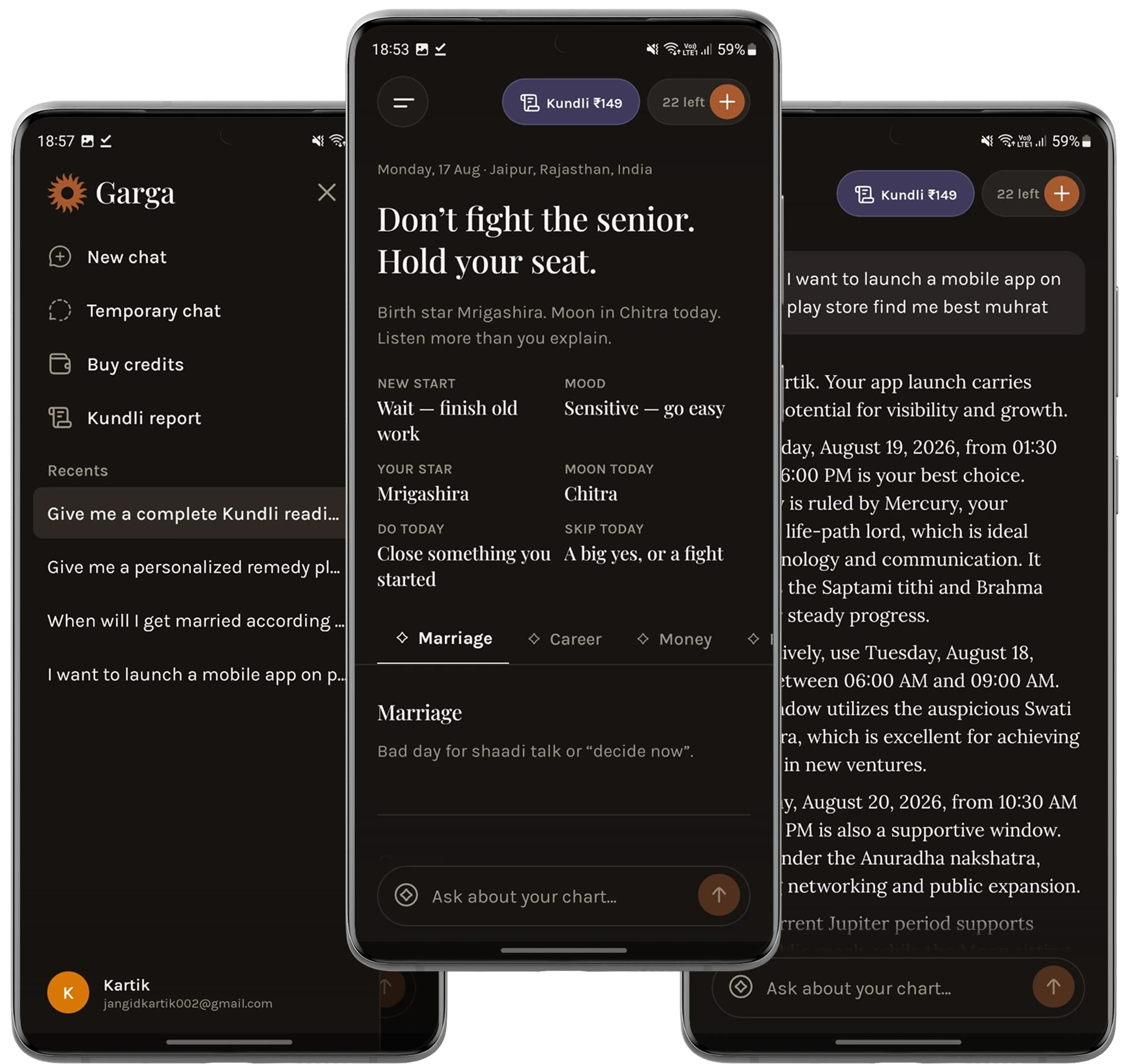 Garga mobile screens showing daily Vedic guidance and chat