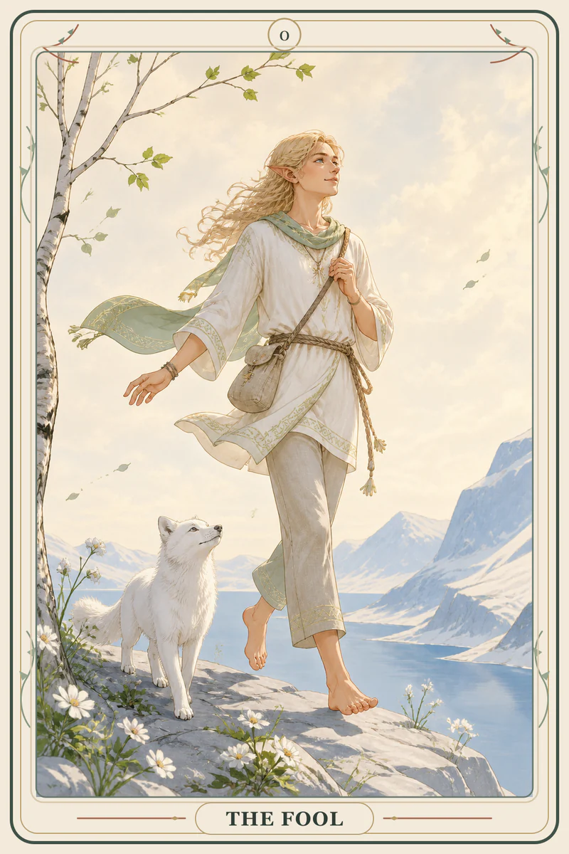 The Fool card illustration from Prefate's original AI-assisted Tarot deck