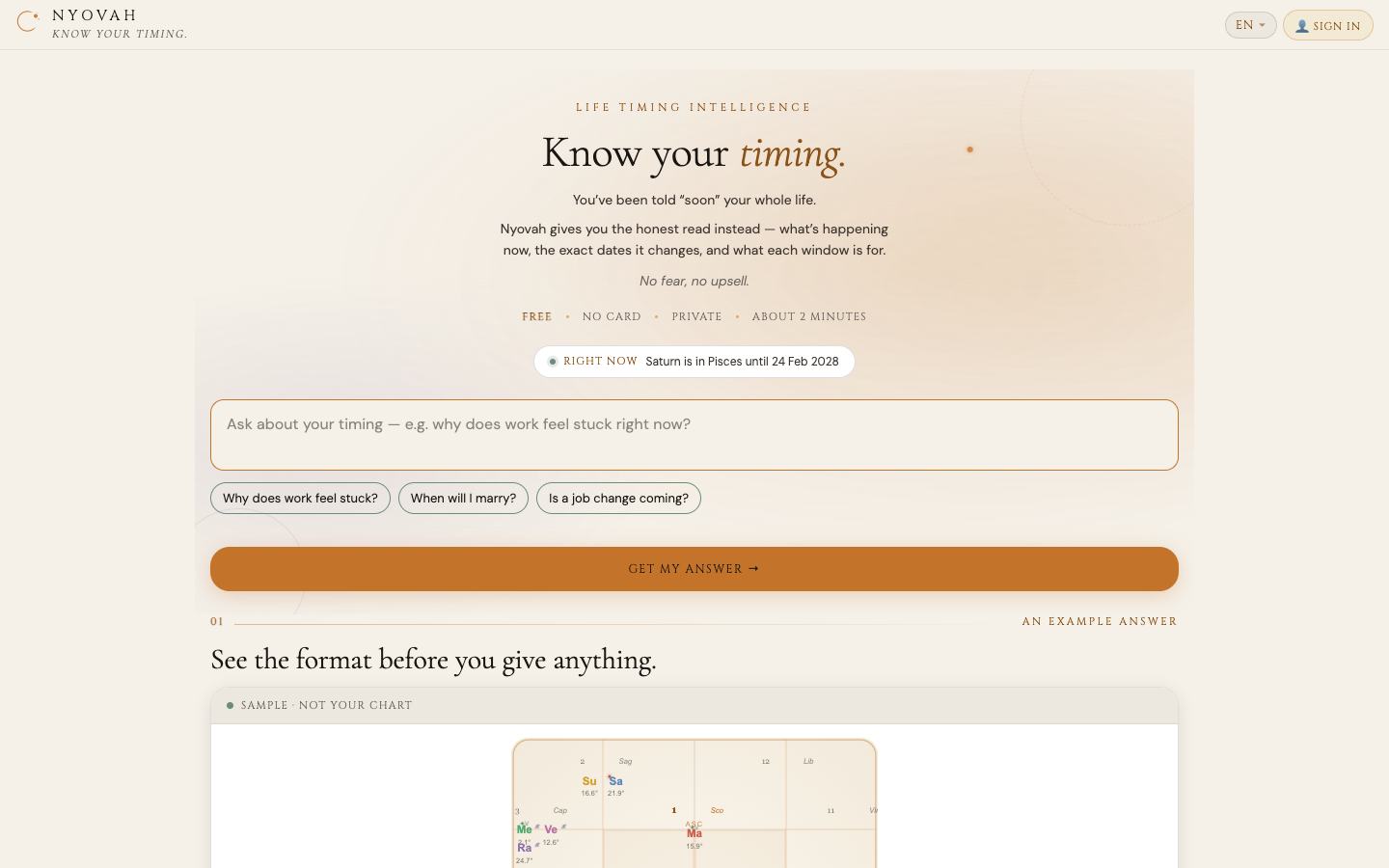 Nyovah official homepage showing its Know your timing prompt and a sample Vedic chart