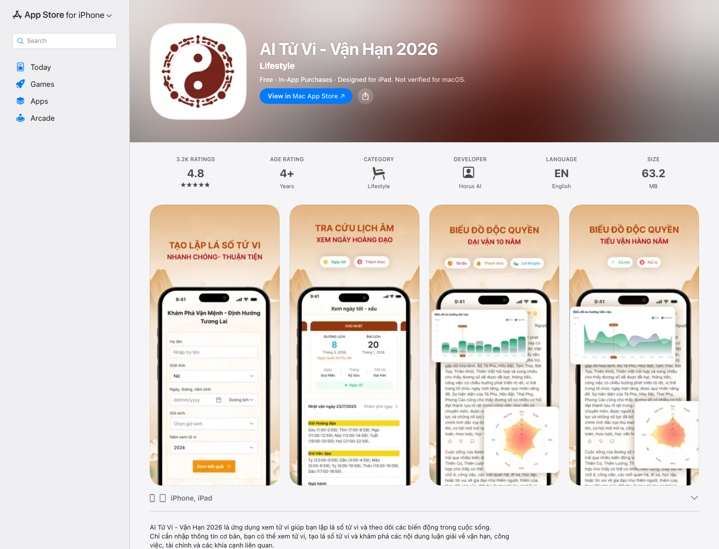 AI Tử Vi App Store listing screenshot showing app name, rating, and download entry