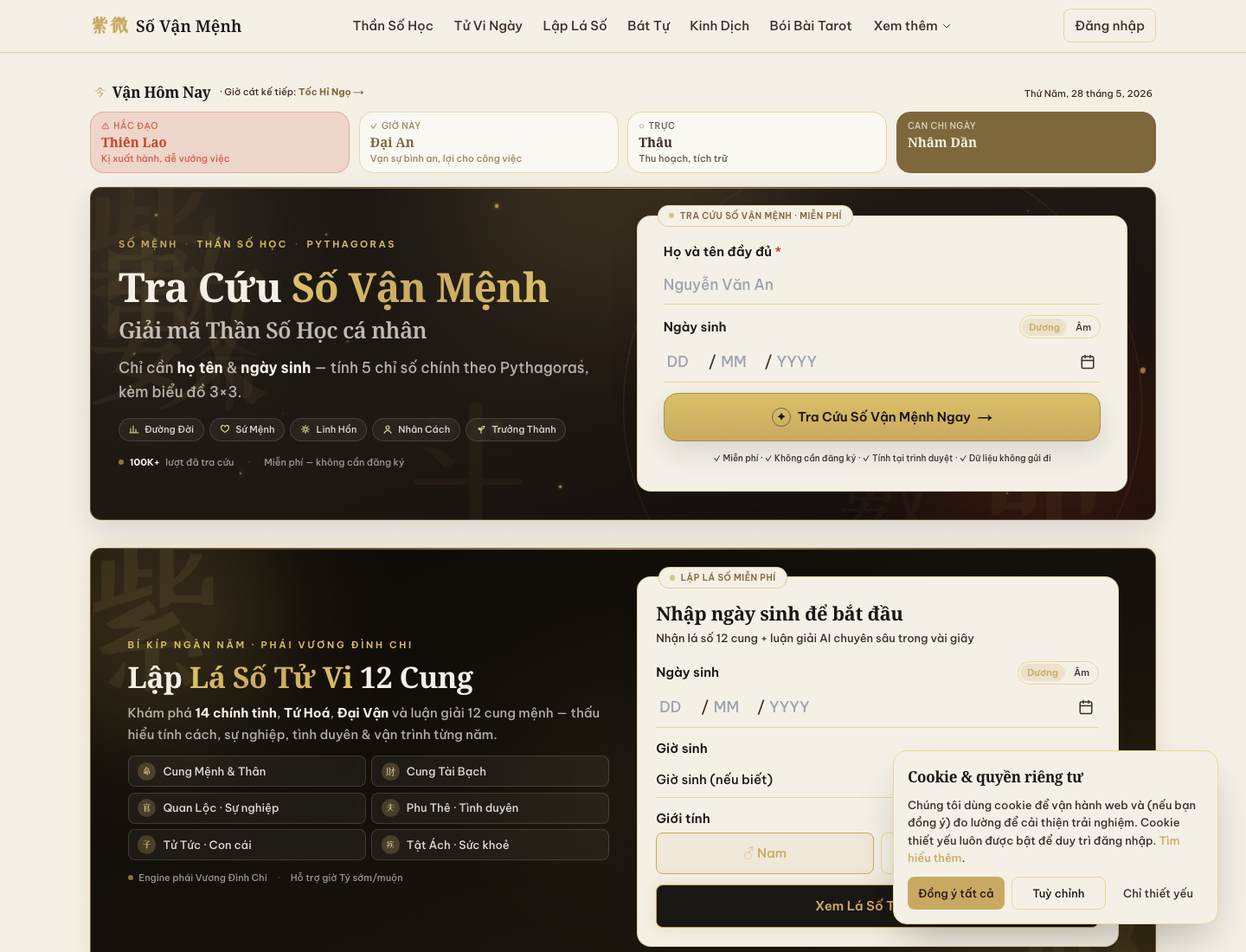 Số Vận Mệnh website screenshot showing Tử Vi, Bát Tự, Kinh Dịch, and AI reading entries