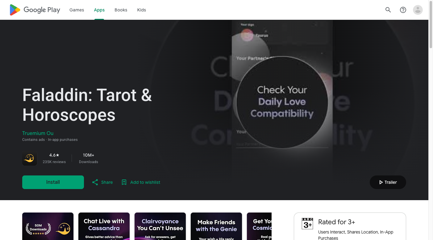 Faladdin Google Play page showing app title, download count, trailer, and divination screenshots