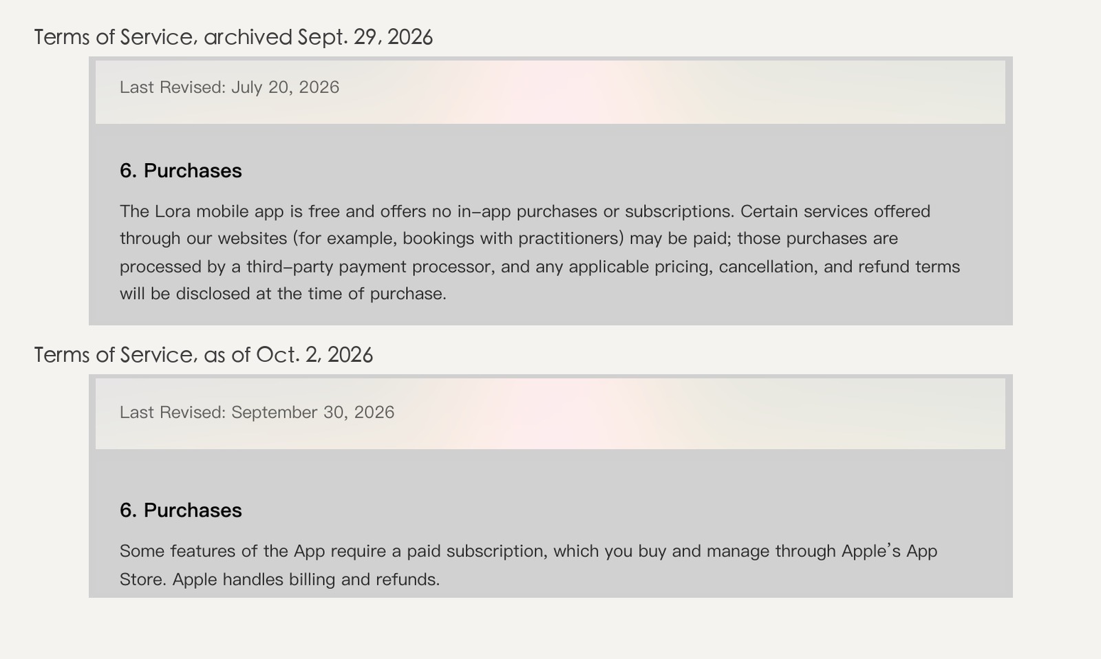 Section 6, Purchases, of Lora's terms of service: the version archived on Sept. 29 says the app is free with no in-app purchases or subscriptions; the version live on Oct. 2 says some features require a paid App Store subscription