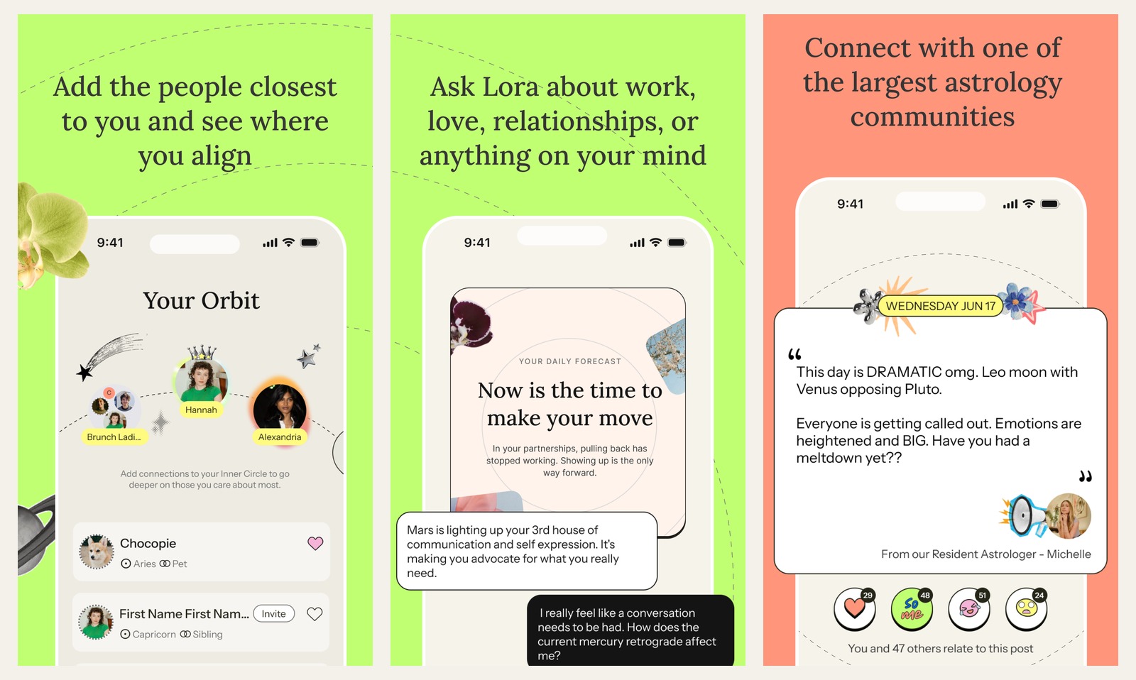 Lora App Store screenshots: an Orbit with friends, a sibling and a pet; a chat asking how Mercury retrograde affects a conversation; a community post from a resident astrologer with emoji reactions