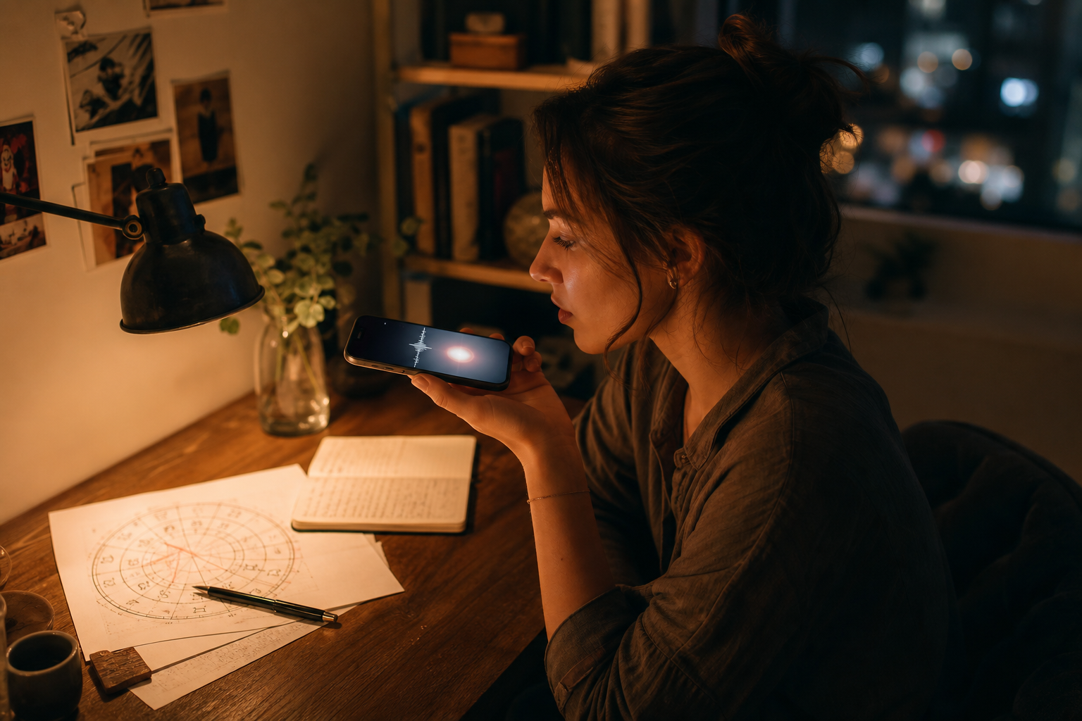 A person speaking into a smartphone at night with a printed birth chart and notebook on the desk