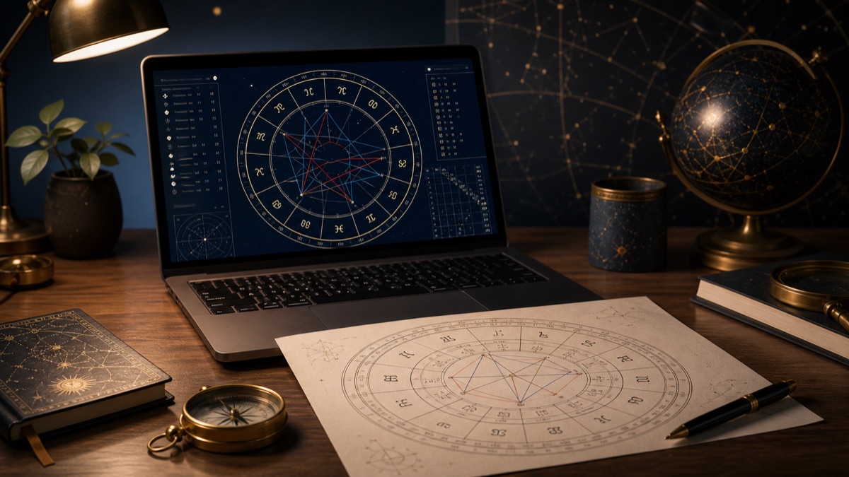 Laptop showing an abstract natal chart beside printed astrology notes
