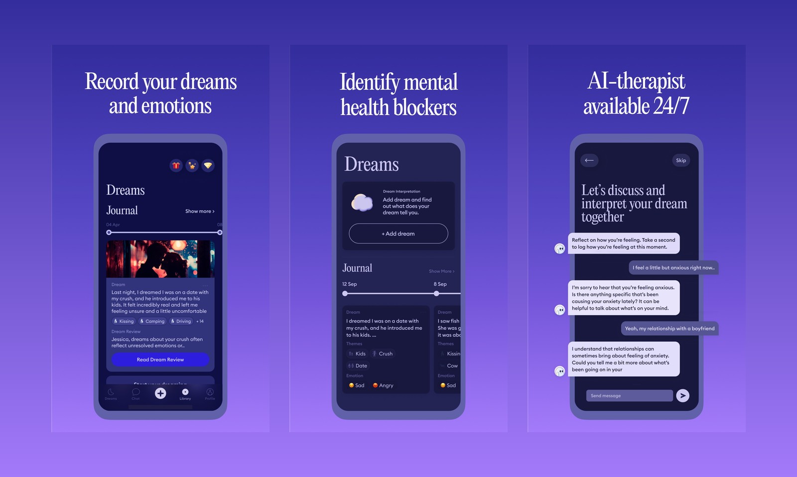 Three DreamApp App Store screenshots: a dream journal entry with emotions, a page tagging dreams by theme, and a chat with the app's AI therapist about anxiety and a boyfriend