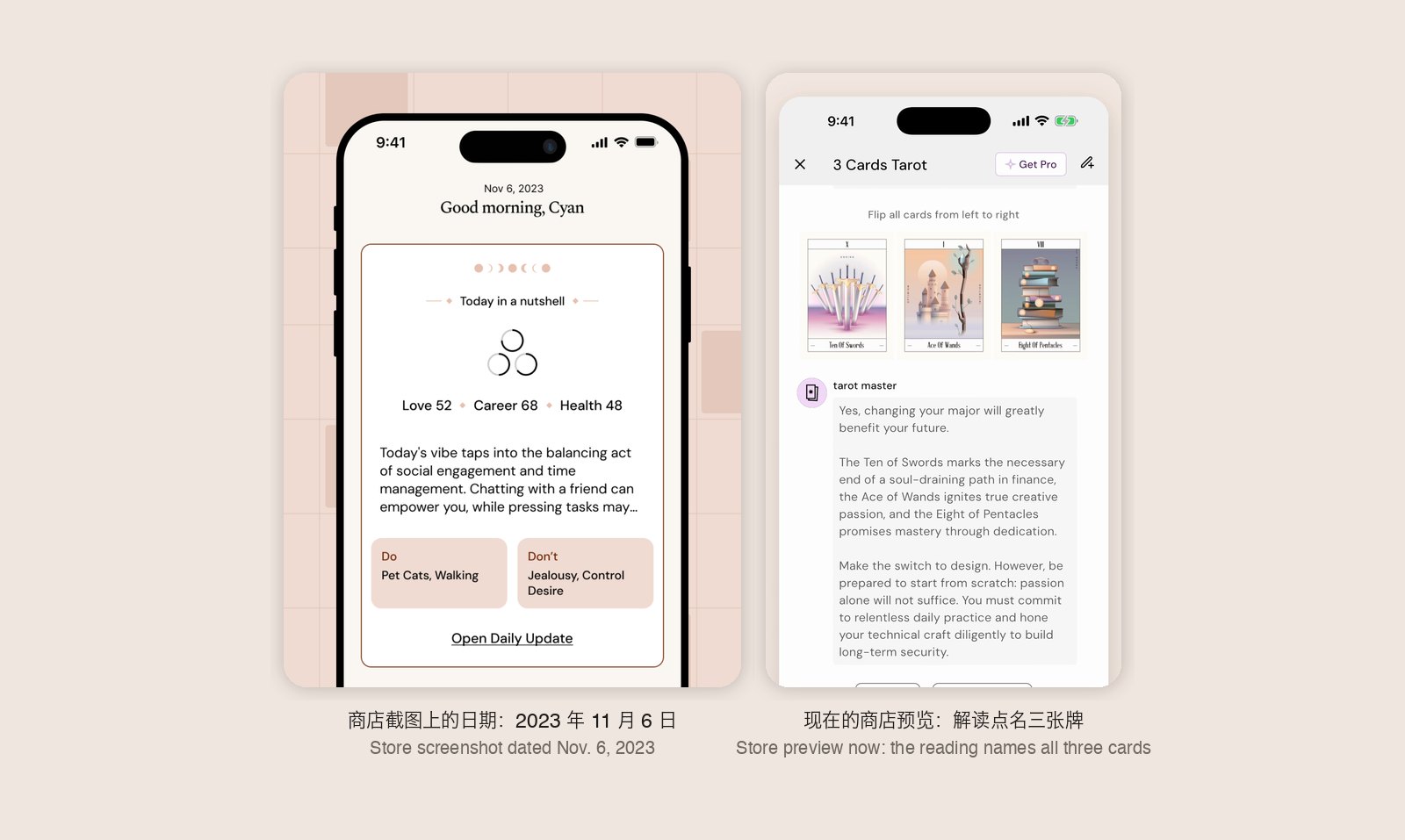 Left: a SINE App Store screenshot whose home screen is dated Nov. 6, 2023, with love, career and health scores for the day; right: a frame from SINE's store preview video showing a three-card tarot spread of the Ten of Swords, Ace of Wands and Eight of Pentacles, with a reply that names each card