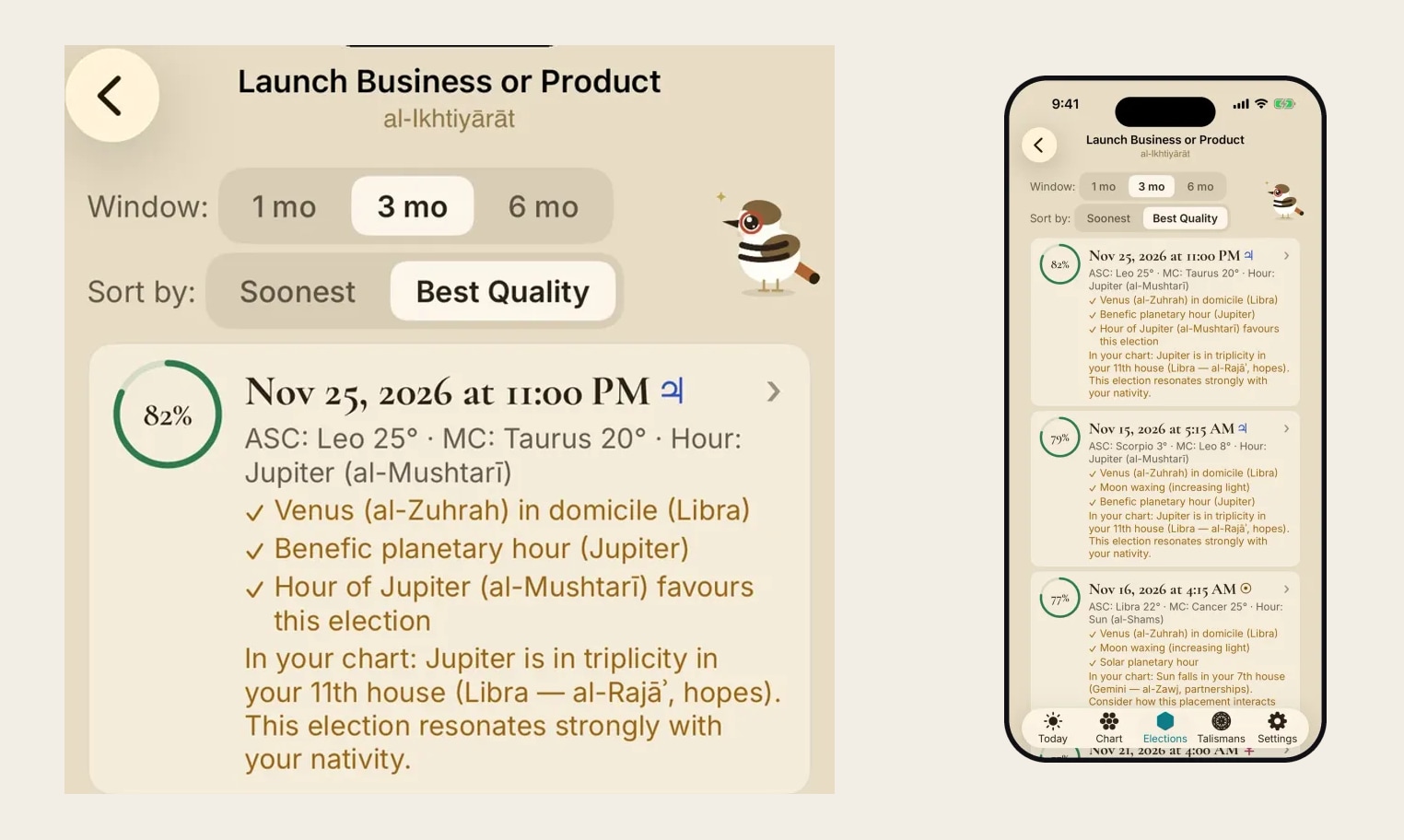 Canopy's Launch Business or Product results, with month ranges, sorting controls and explanations for each score
