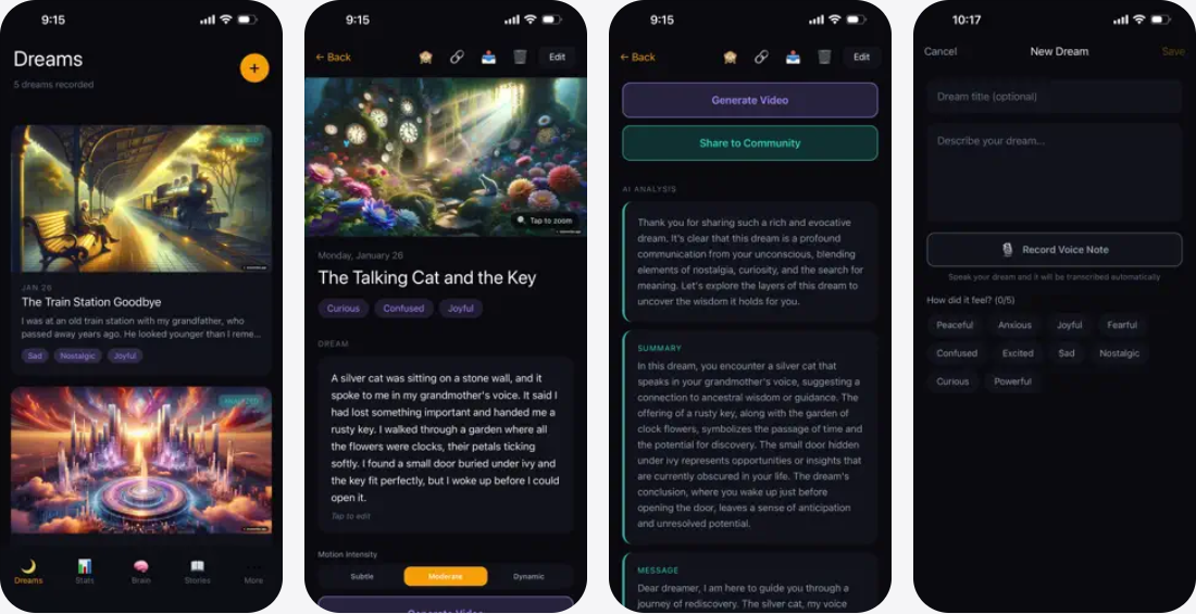 Dreamvibe App Store 宣传图,展示梦境列表、AI 分析和语音记录界面