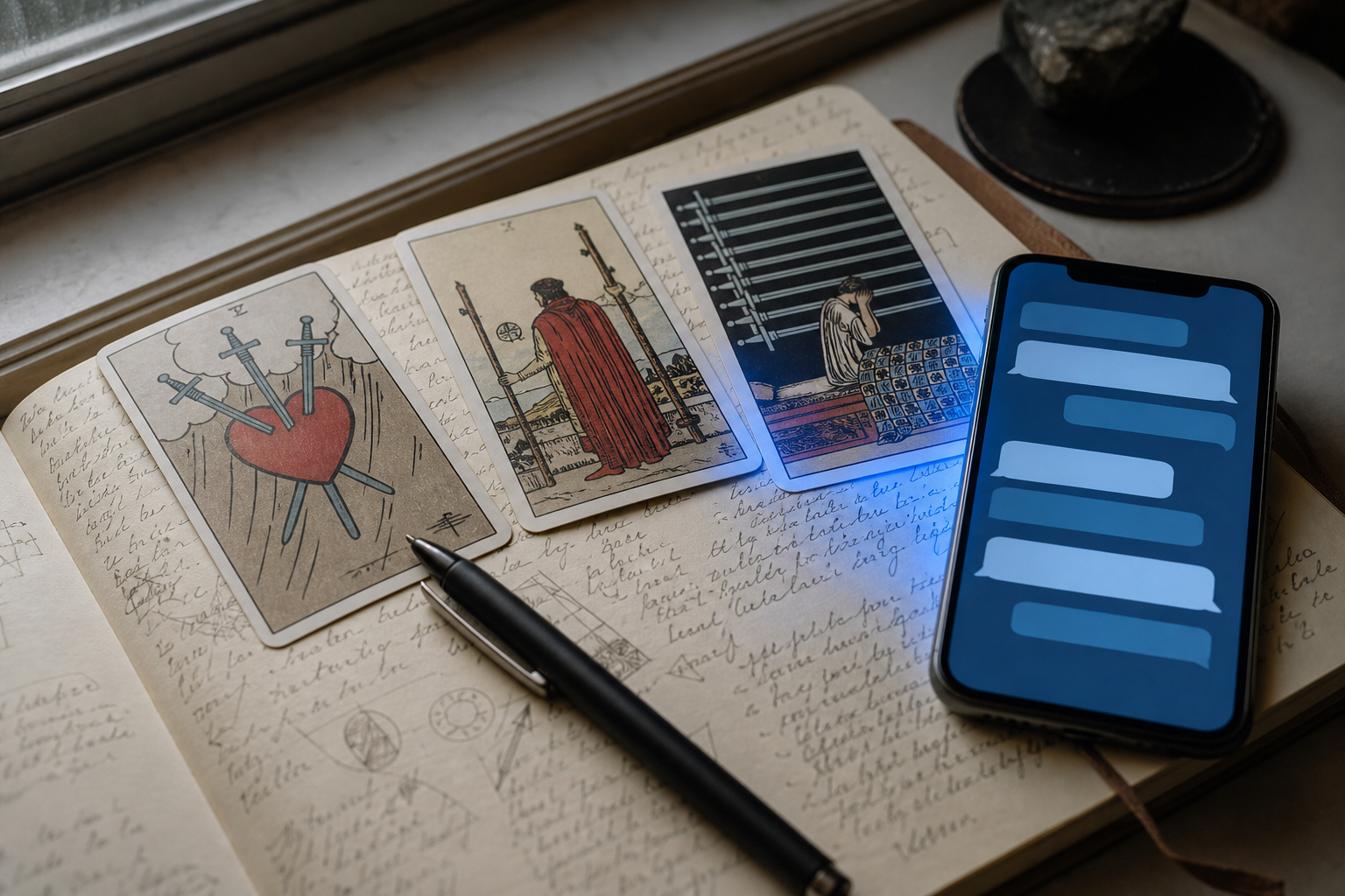 Tarot cards, a notebook, and a phone with abstract chat bubbles by a window