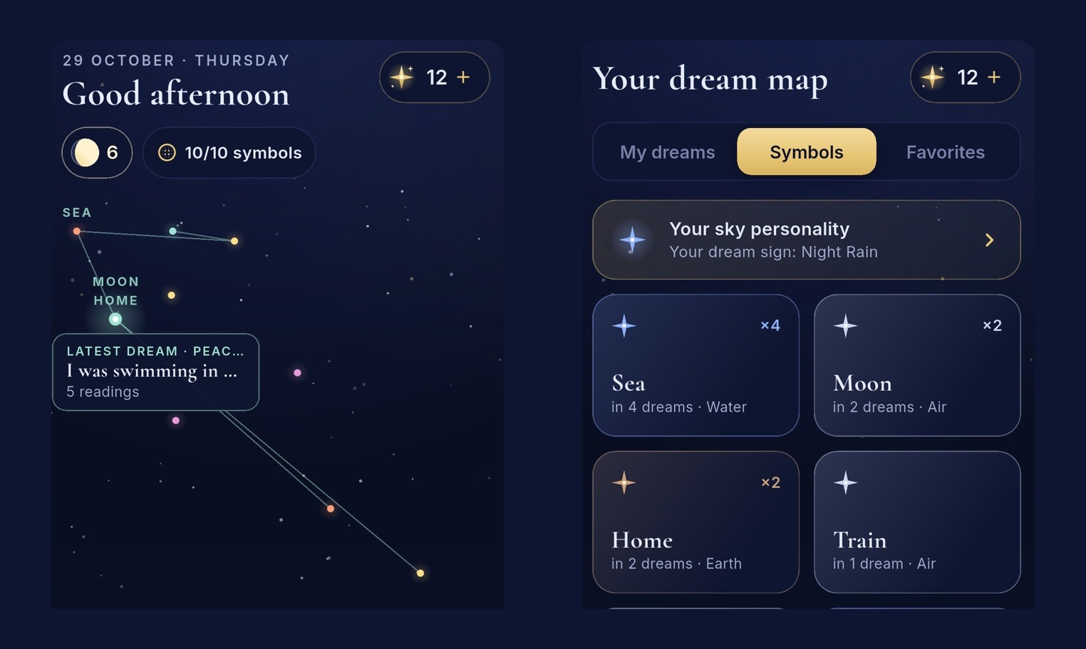 Official DreamBuddy examples showing the dream sky and counts for recurring symbols