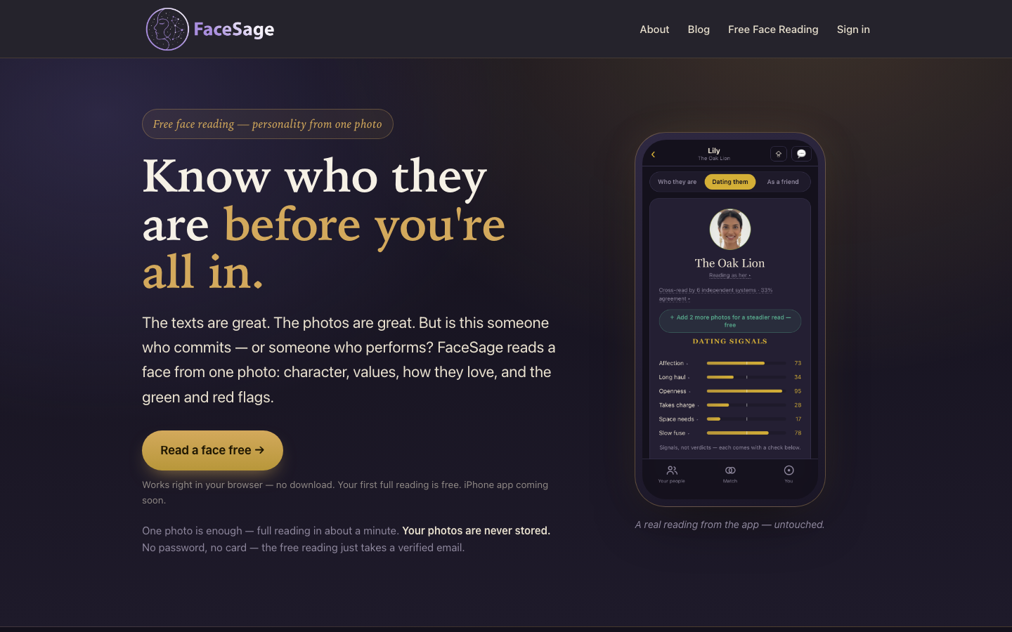 FaceSage homepage showing its free AI face reading, privacy promise, and a real dating-signals reading