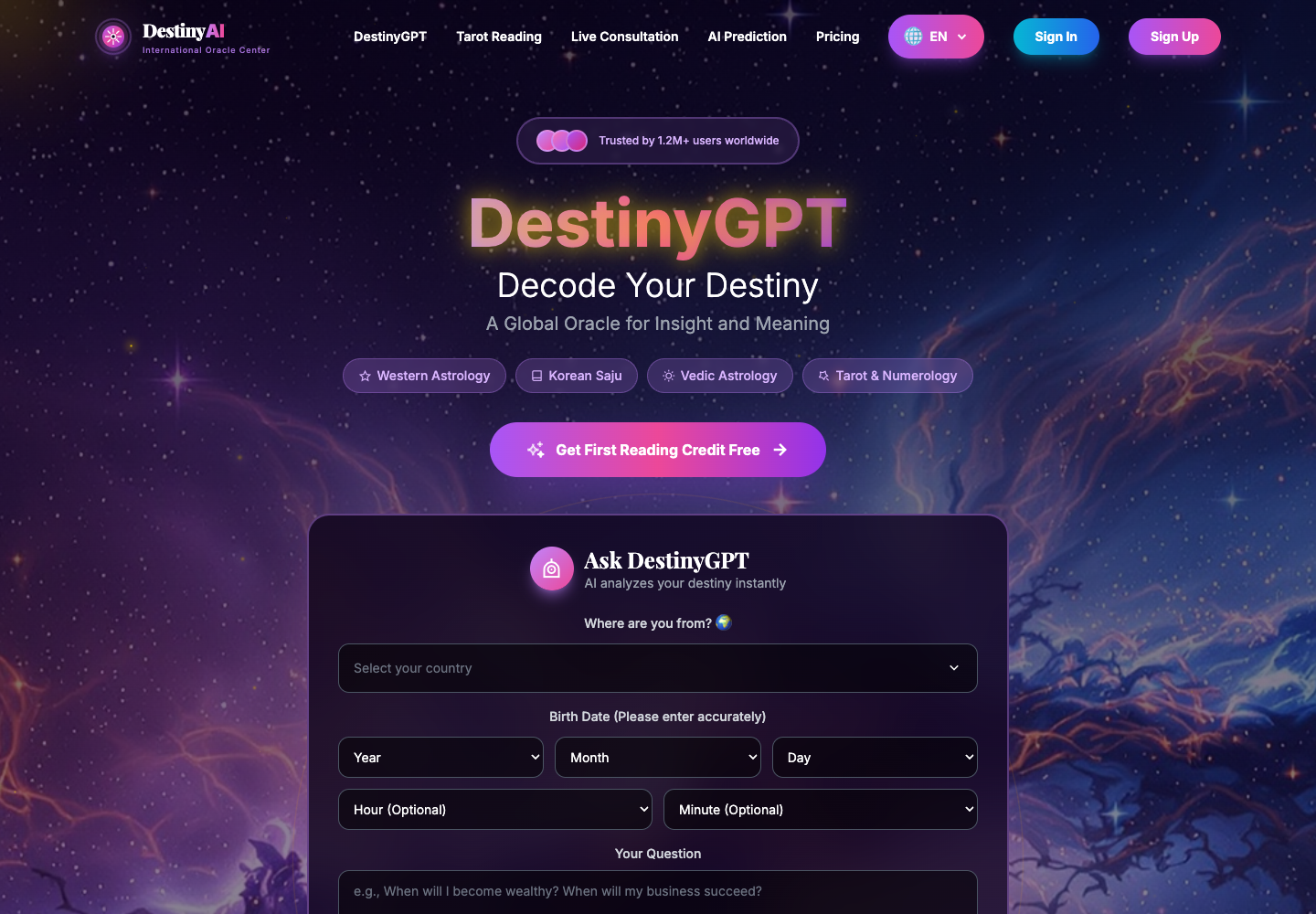 DestinyAI official homepage showing DestinyGPT input form
