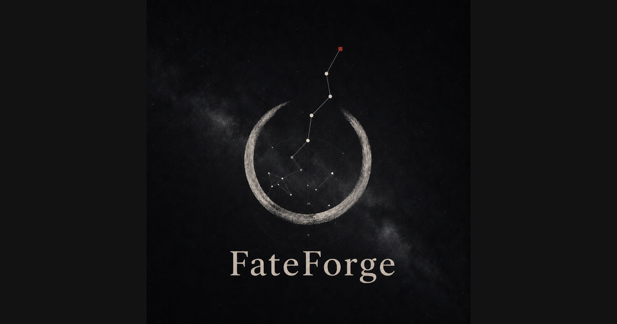 FateForge official artwork with a crescent forge mark and constellation on a dark sky