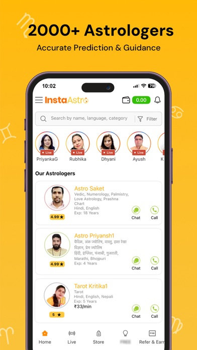 InstaAstro App Store screenshot showing astrology consultation features