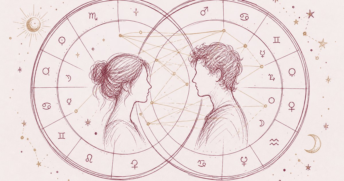 SoulmateChart illustration of two people framed by overlapping astrology wheels