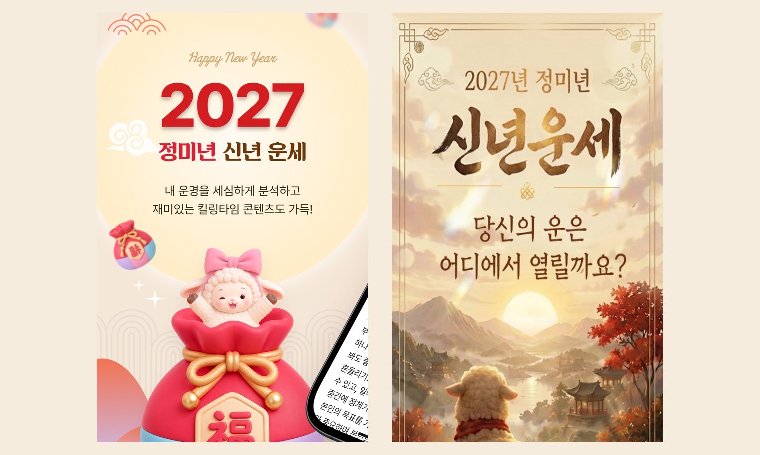 Two App Store screenshots from Korean fortune apps: on the left, 2027 Jeomsin PRO with a large red "2027" over the words "Jeongmi-year New Year fortune" and a cartoon lamb popping out of a lucky pouch; on the right, Sajuworld with gold brush lettering for "2027 Jeongmi-year New Year fortune," the line "Where will your luck open up?" and a lamb watching a sunrise