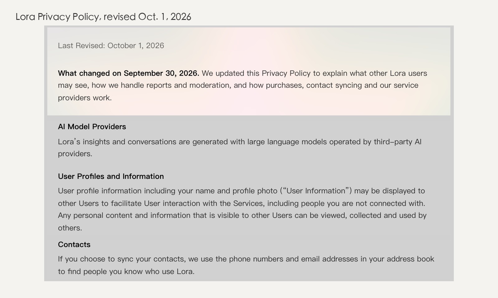 Lora's privacy policy, revised Oct. 1: the note on what changed Sept. 30, and new sections on AI model providers, profiles visible to unconnected users, and contact syncing