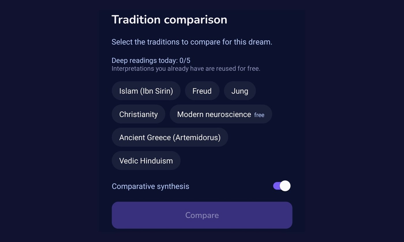 Onifide Google Play screenshot: traditions available for comparison, with modern neuroscience marked free