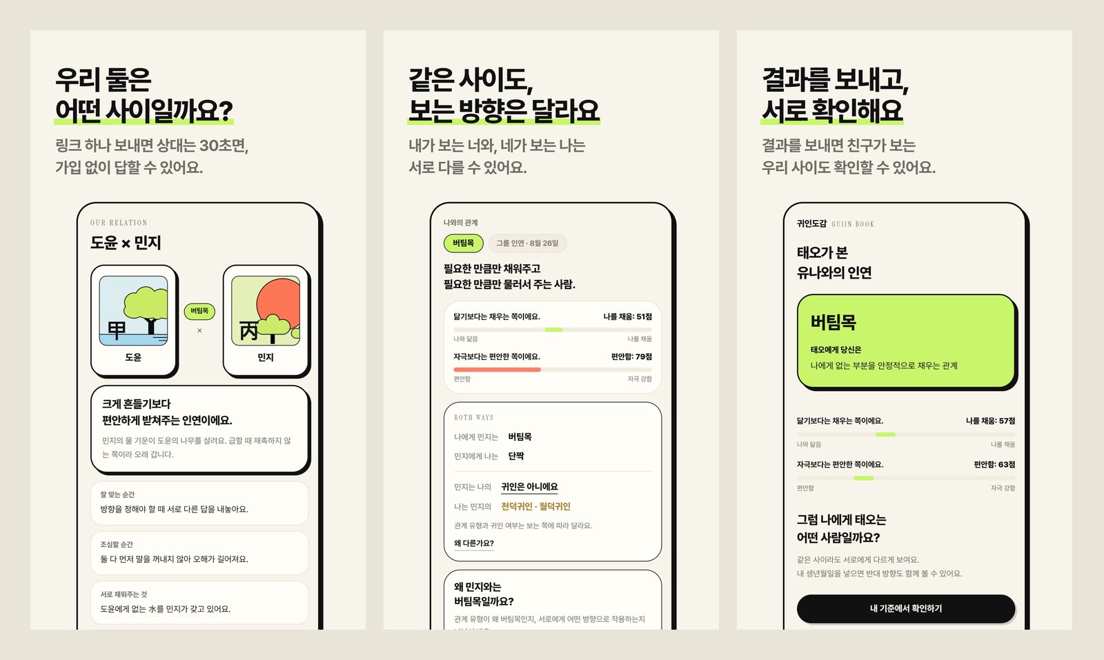 Three App Store screenshots from Guiin Dogam. Left: a relationship card for Doyun and Minji, with Gap Wood and Byeong Fire chart symbols and a note that the two steady each other. Center: the "you and me" page, where Minji is the user's "pillar of support" but the user is only Minji's "best buddy," and Minji is not the user's benefactor while the user is two kinds of benefactor star for Minji. Right: a reading of Taeo and Yuna's bond from Taeo's side, with a button to check it from your own birth date