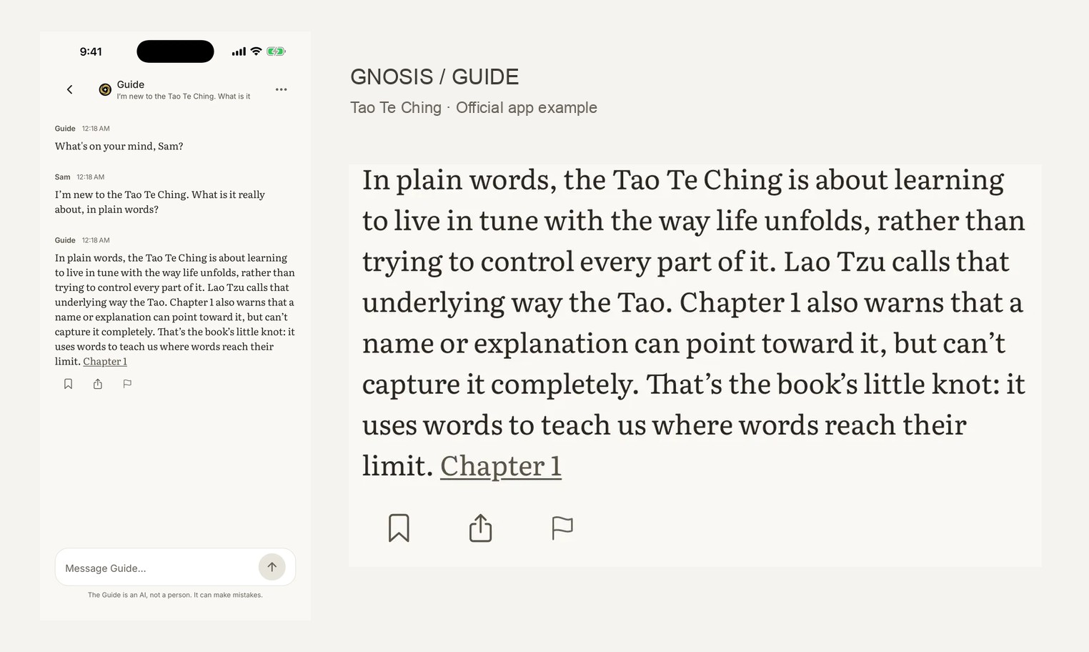 Gnosis 官方聊天示例：Guide 解释《道德经》，回答末尾显示 Chapter 1 链接